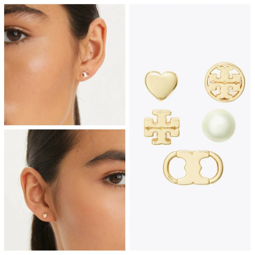 Tory Burch Gold Figure Eight Heart Asymmetric Earring Set with Ear Backs